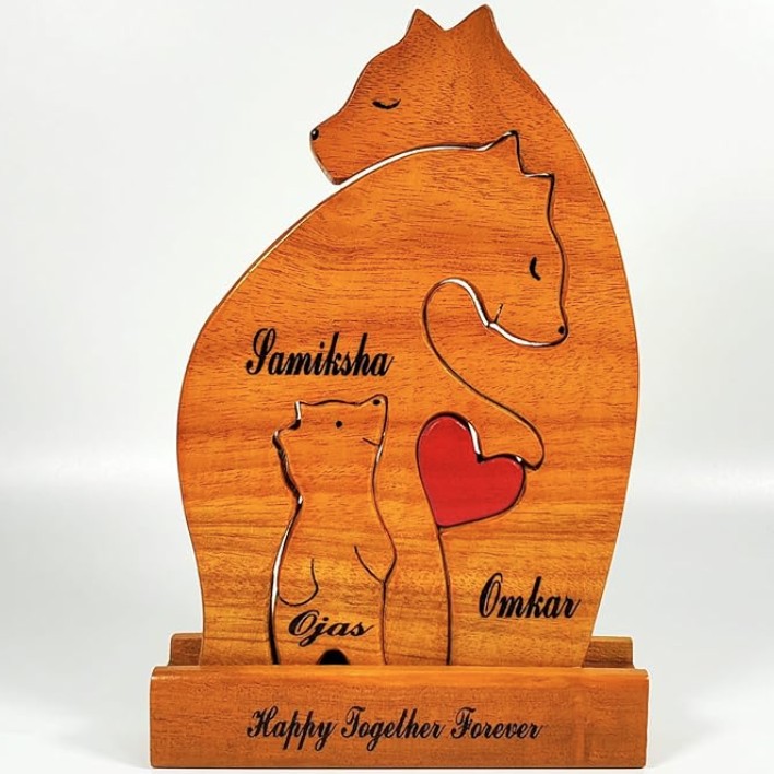 Anniversary & Wedding Gifts: Wooden Bear Family Showpiece | Family of 3 Polished Surface with Shiny Finish
