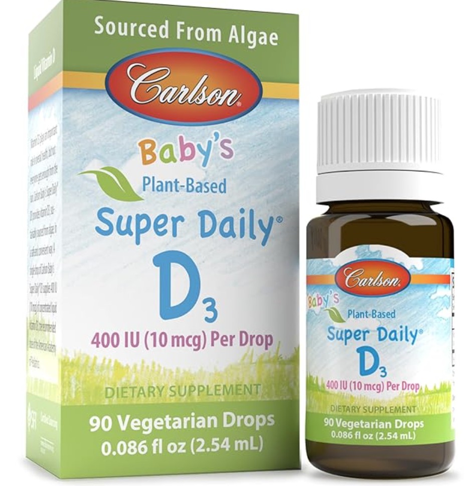 Carlson Baby's Plant-Based Super Daily D3, Baby Vegetarian Liquid Vitamin D Drops, 400 IU (10 mcg) per Drop, Unflavored, 90 Drops